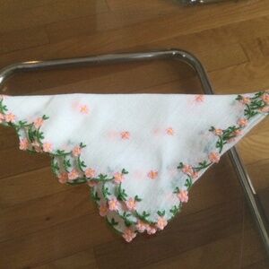 Vintage Linen Handkerchief with Hand Embroidered Flowers, 10” square